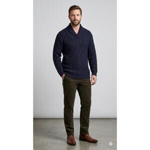 Aran Mor Irish Merino Wool ‎Mens Sh‎awl Collar Cable Knit Sweater Navy Size XL